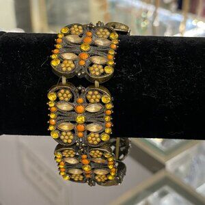 Vintage Ornate dragonfly Bracelet With Yellow & Orange Rhinestones Floral Accent